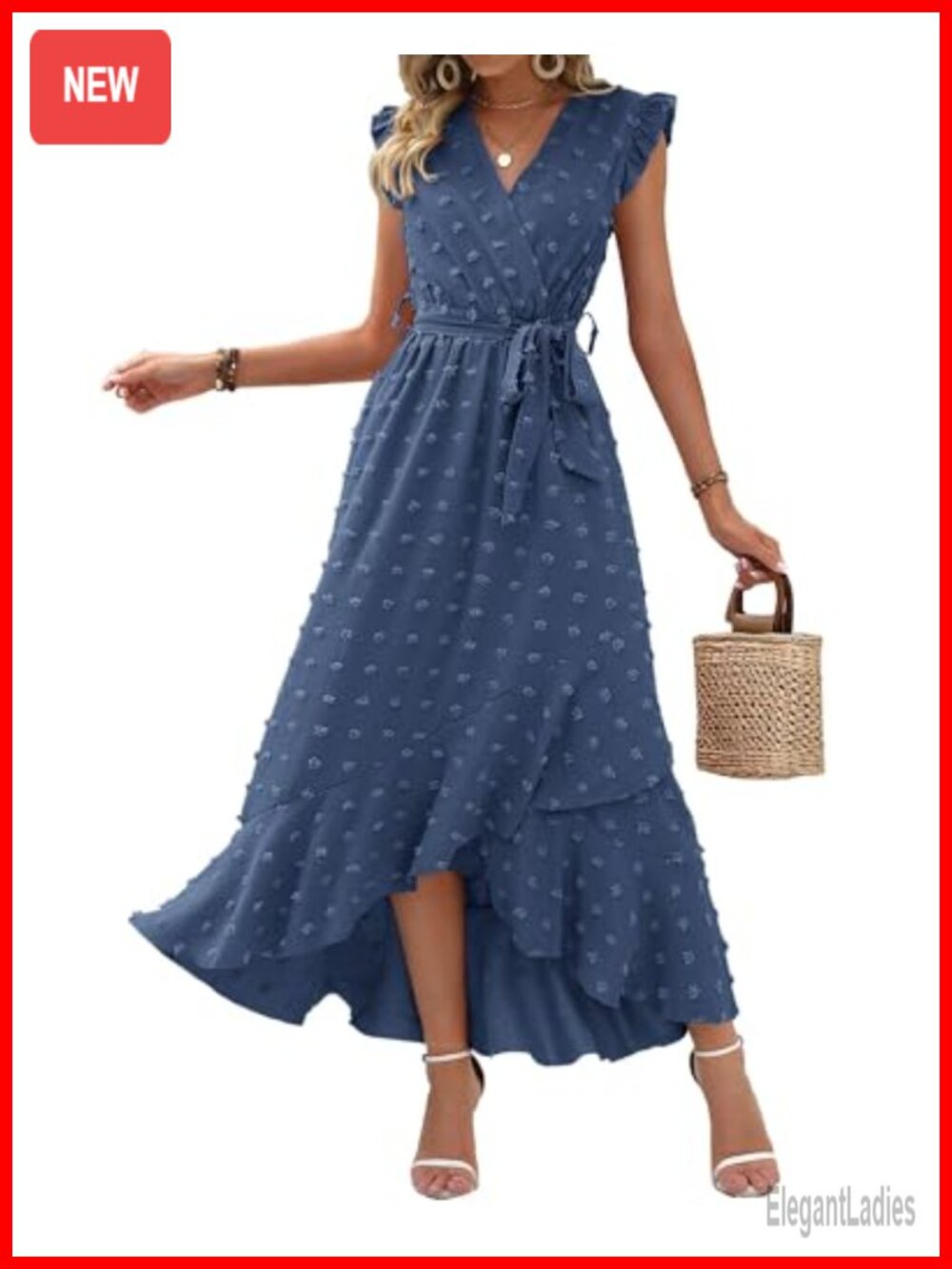 Womens Swiss Dot Maxi Dress V Neck Ruffle Cap Sleeve Tie Waist